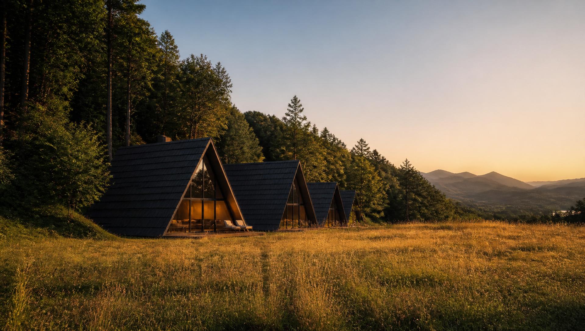 A-frame lodges in Slunj at sunset